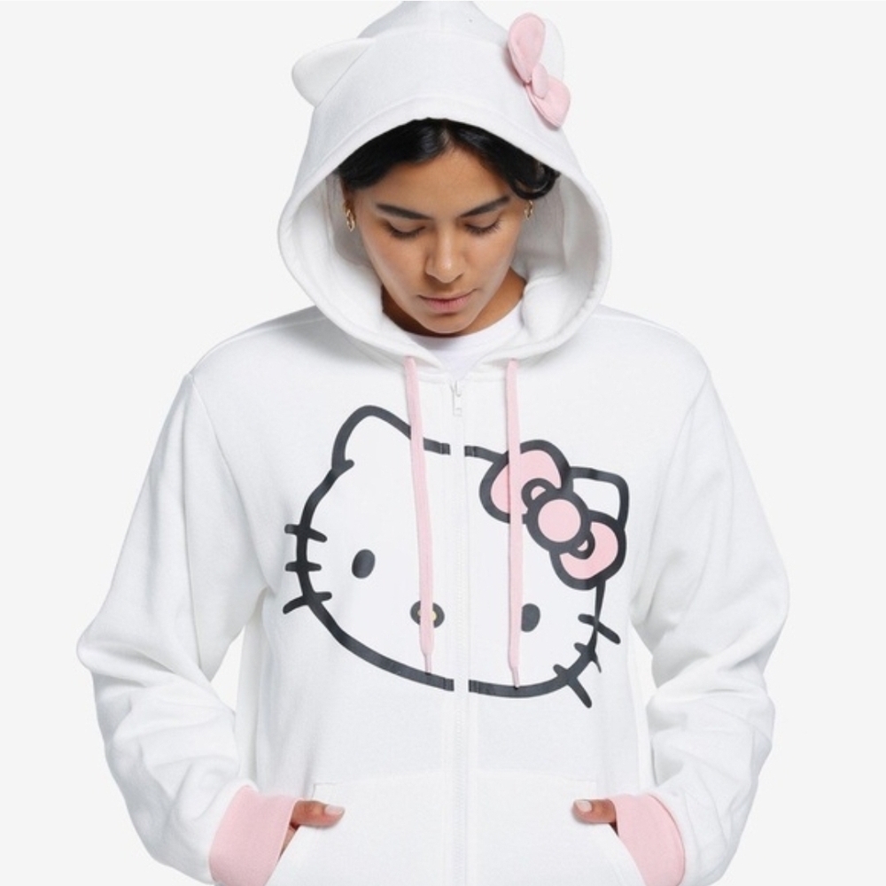 Hello Kitty Hot Topic 'I am Pink' White and Pink Zip Hoodie M